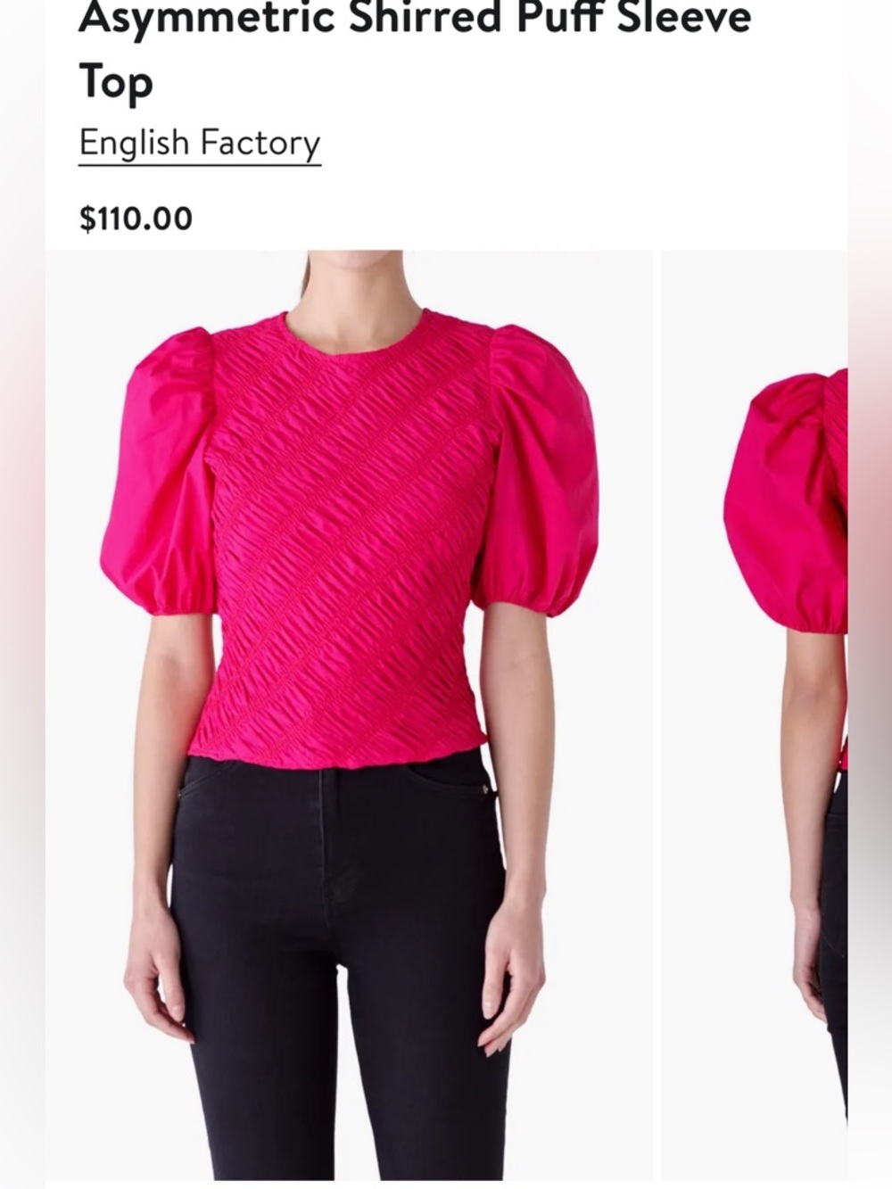 English Factory Asymmetric Shirred Puff Sleeve Top Size M